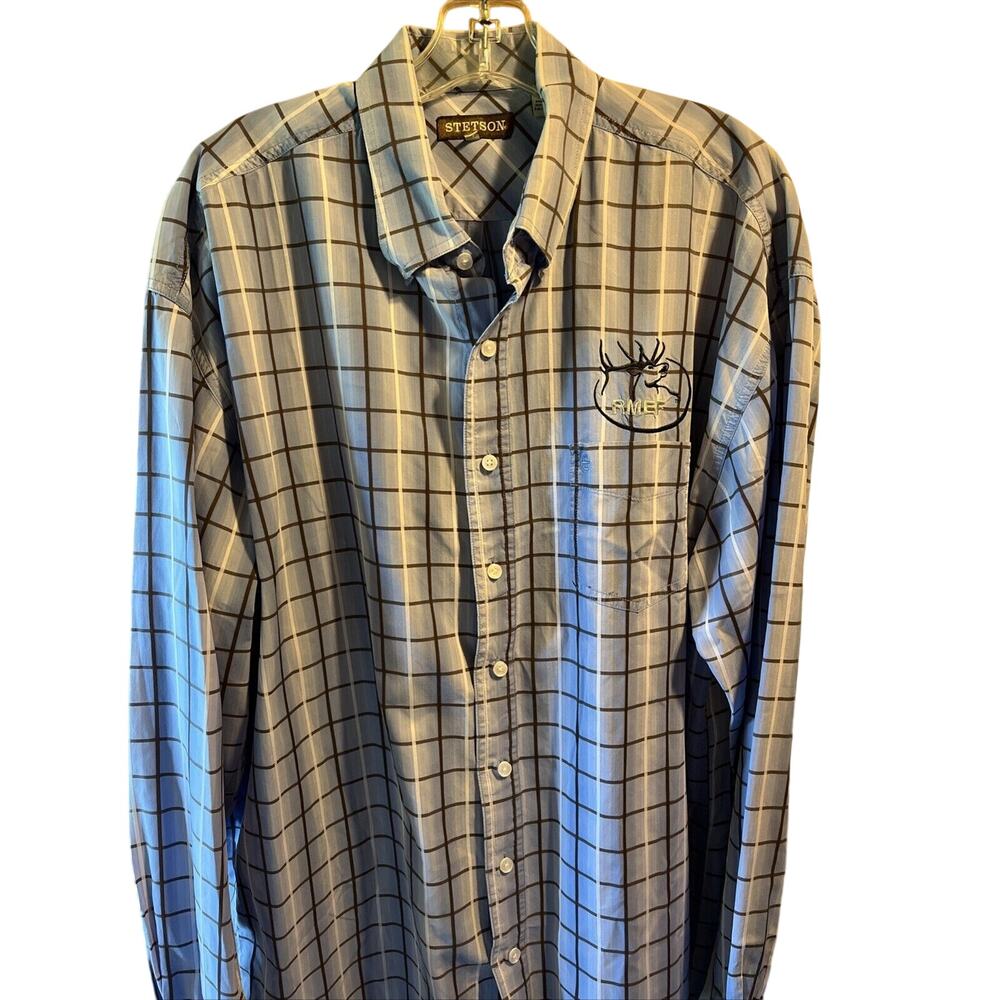 Stetson VTG Men’s XXL Blue Plaid Long Sleeve Button Down Cotton Shirt Western